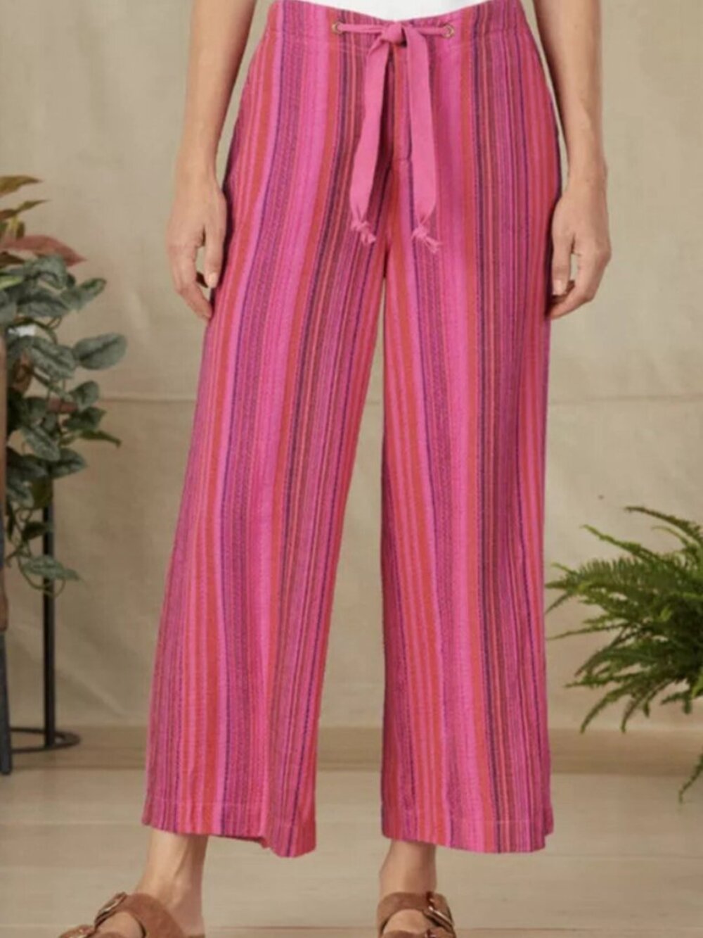Sundance Hana Striped Pants High Waist Drawstring Button Straight Leg Pink PS
